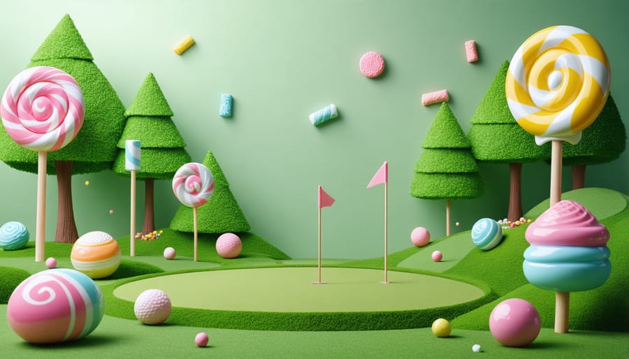 A visually vibrant golf course adorned with large candy sculptures and decorations