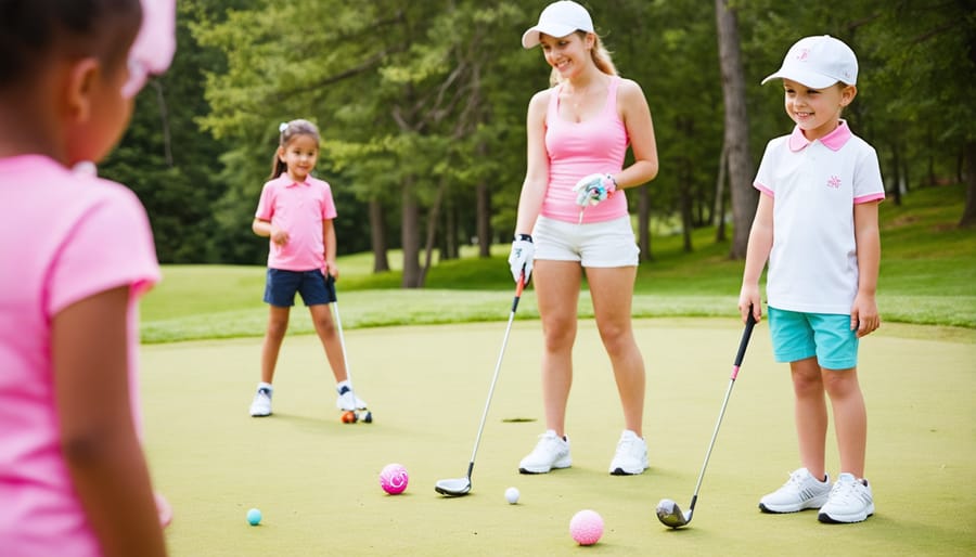 Golfers and families engaging in various activities at a candy-themed golf event